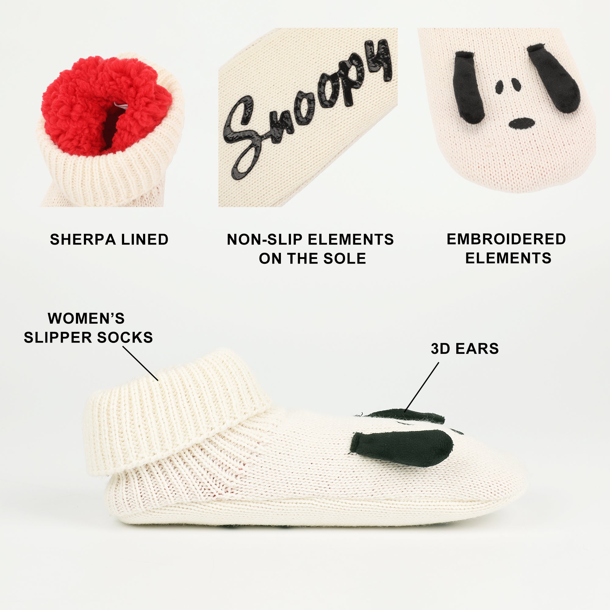 Peanuts Snoopy 3D Ears Women's Sherpa Lined Slipper Socks