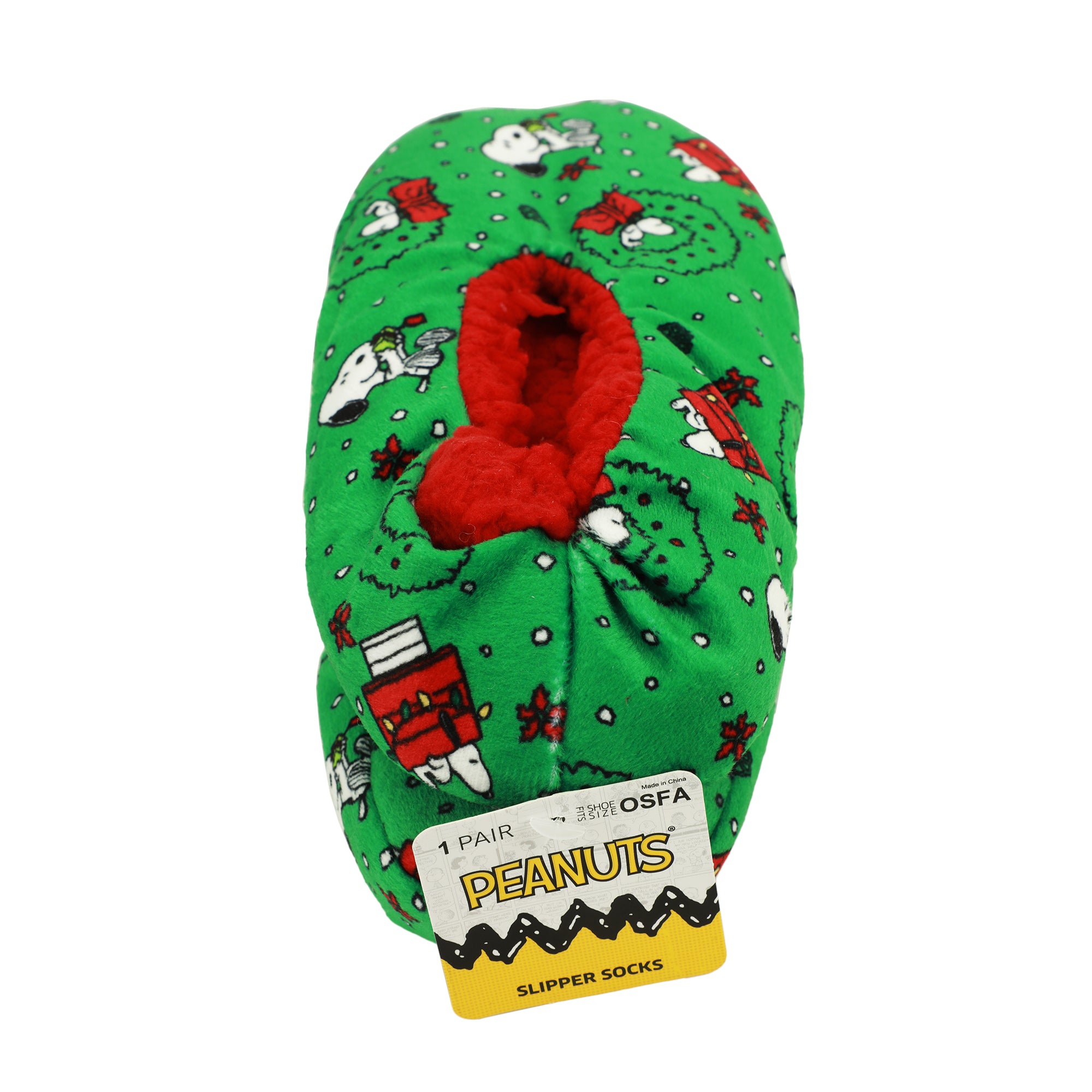 Peanuts Snoopy Holiday Print Youth Green Slipper Socks