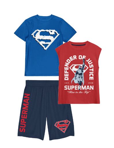 Superman Defender Of Justice Boy's 3-Pack Tee Muscle Shirt & Shorts Combo Set