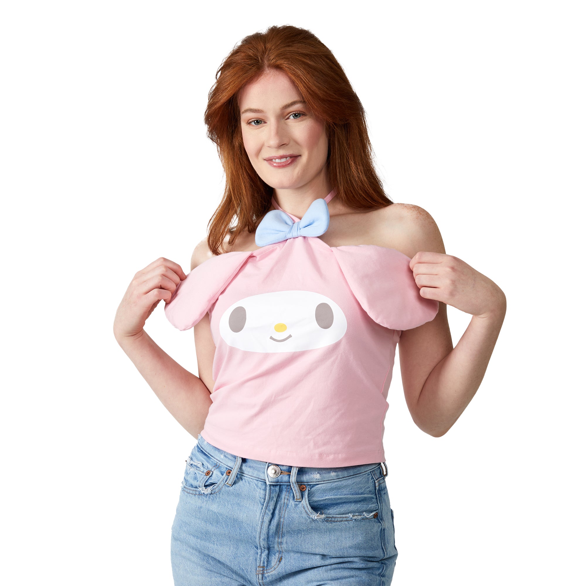 My Melody Character Face With 3D Ears & Bow Sleeveless Pink Women's Tube Top