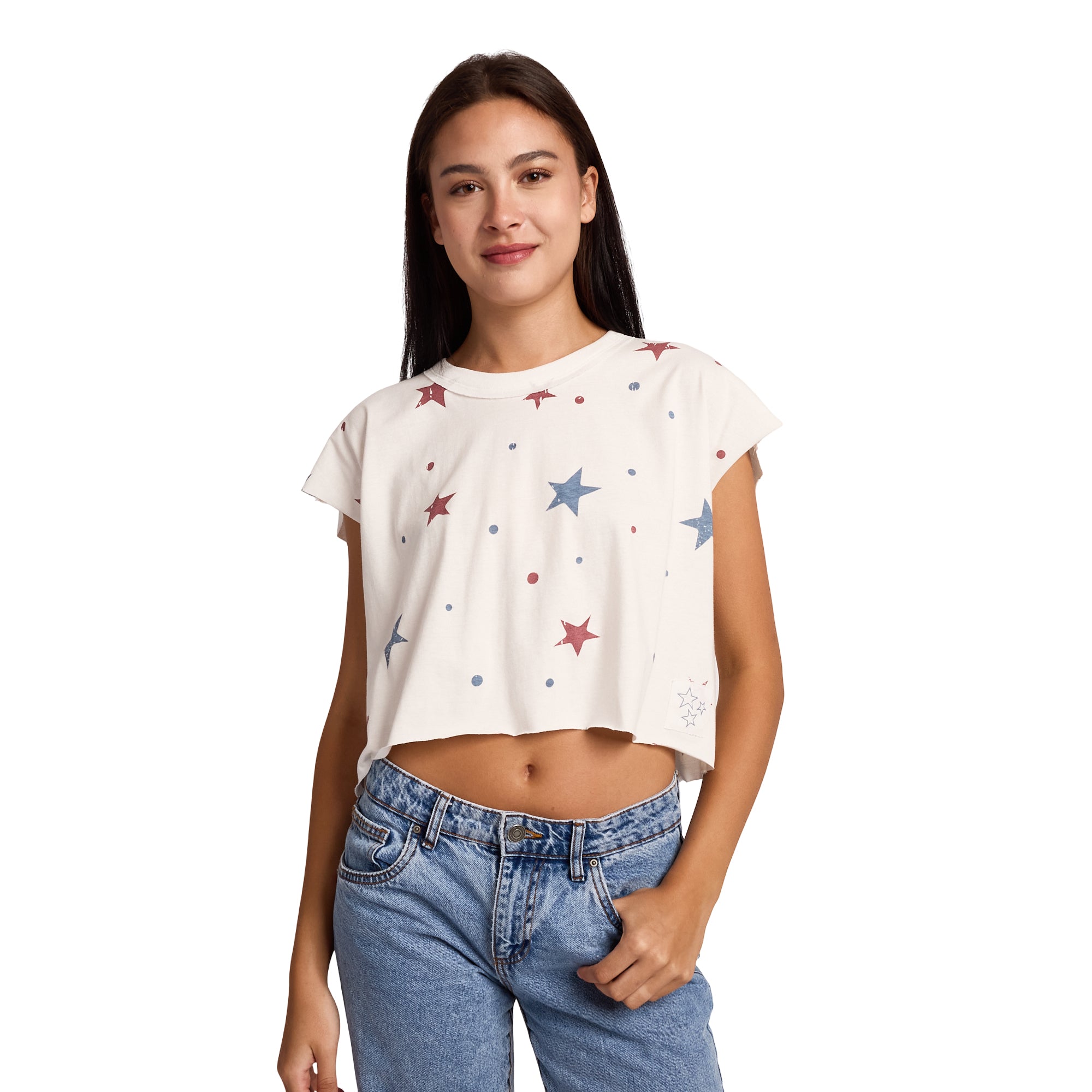 Red & Blue Stars Women's White Raw Hem Cropped Tank