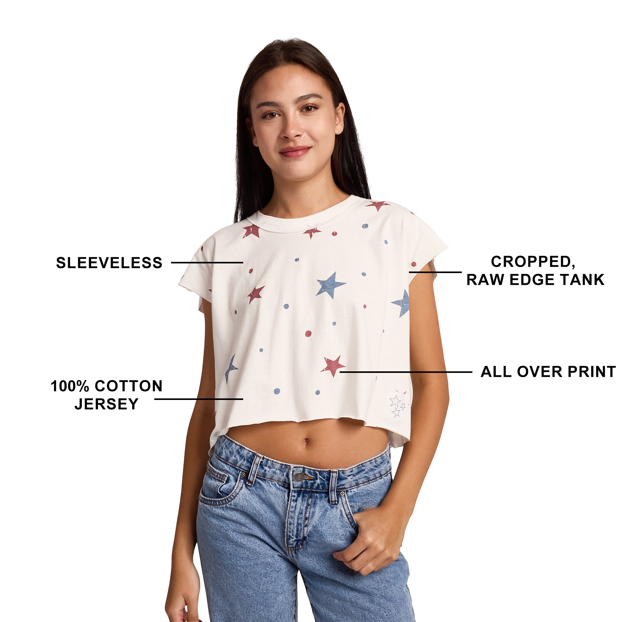 Red & Blue Stars Women's White Raw Hem Cropped Tank