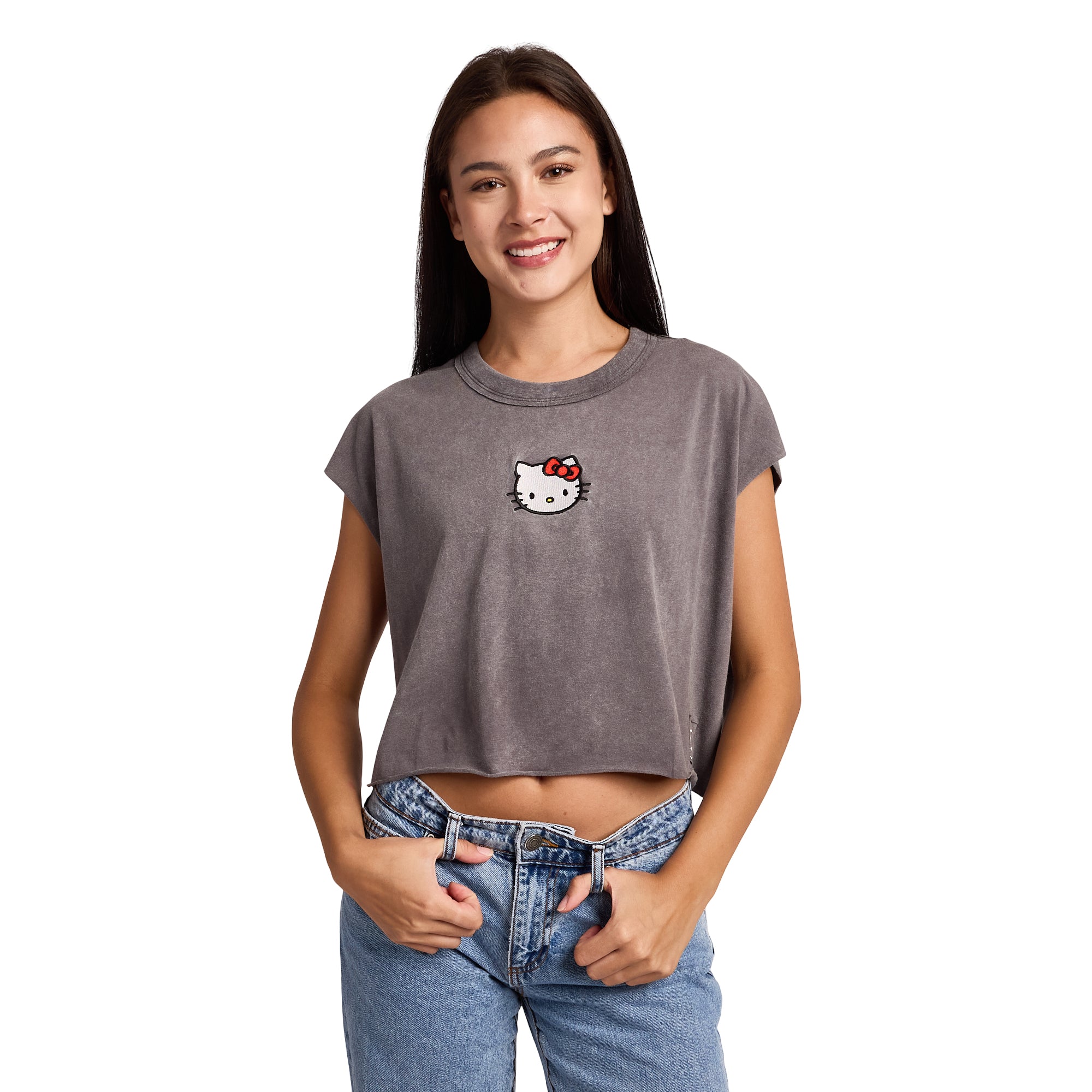 Hello Kitty Embroidered Character Face Women's Black Ram Hem Cropped Tank