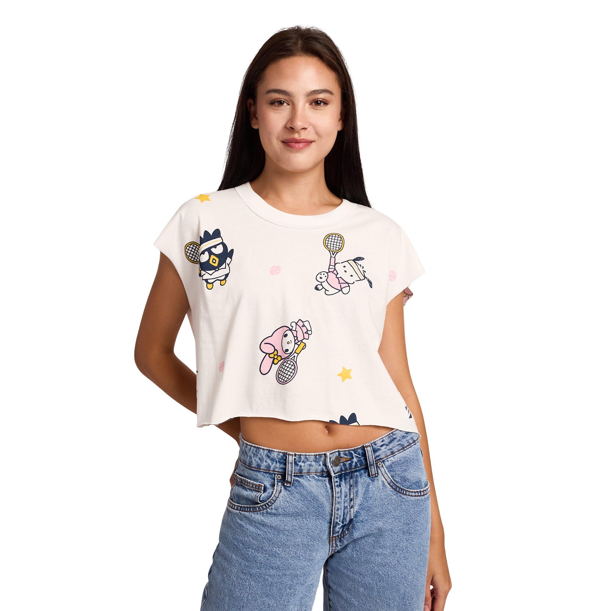 Hello Kitty & Friends Repeat Characters Women's White Raw Hem Cropped Tank