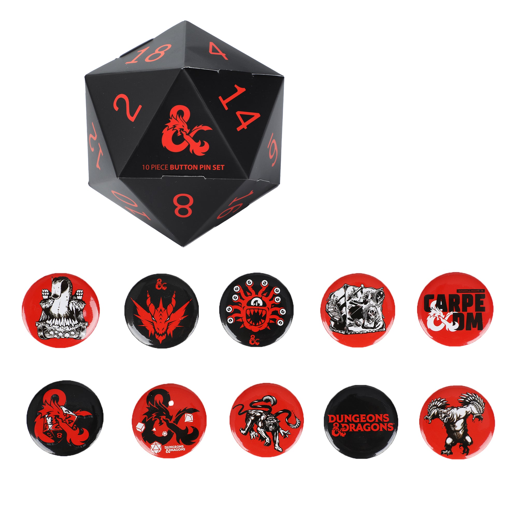 Dungeons & Dragons 10 Piece Button Pin Box Set - Collectible Fantasy RPG Pins
