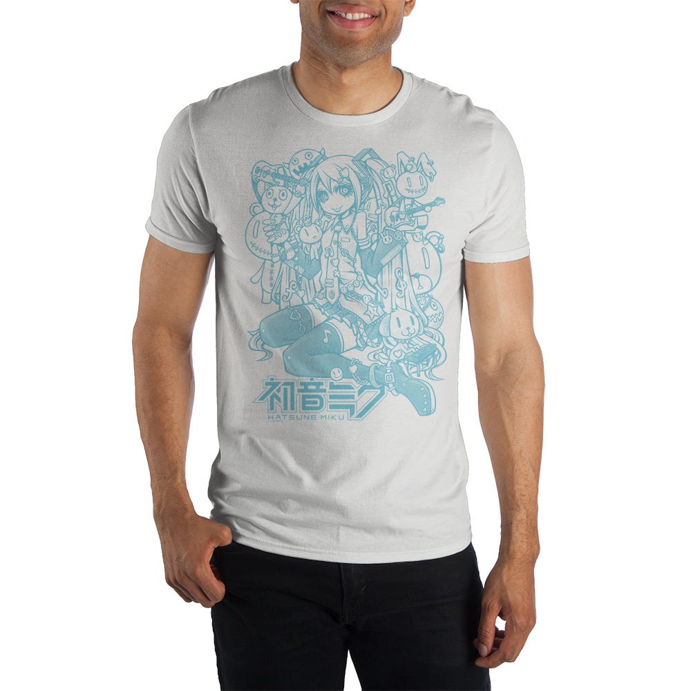 Hatsune Miku Blue Line Art Crew T-Shirt, Vocaloid Star with Cute Animals Accessory Stylish