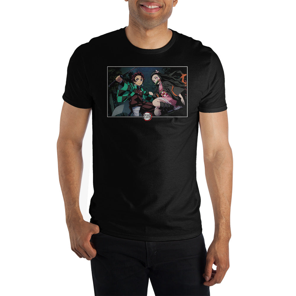 Demon Slayer Nezuko & Tanjiro Screenshot Crew Neck Short Sleeve Black T-shirt