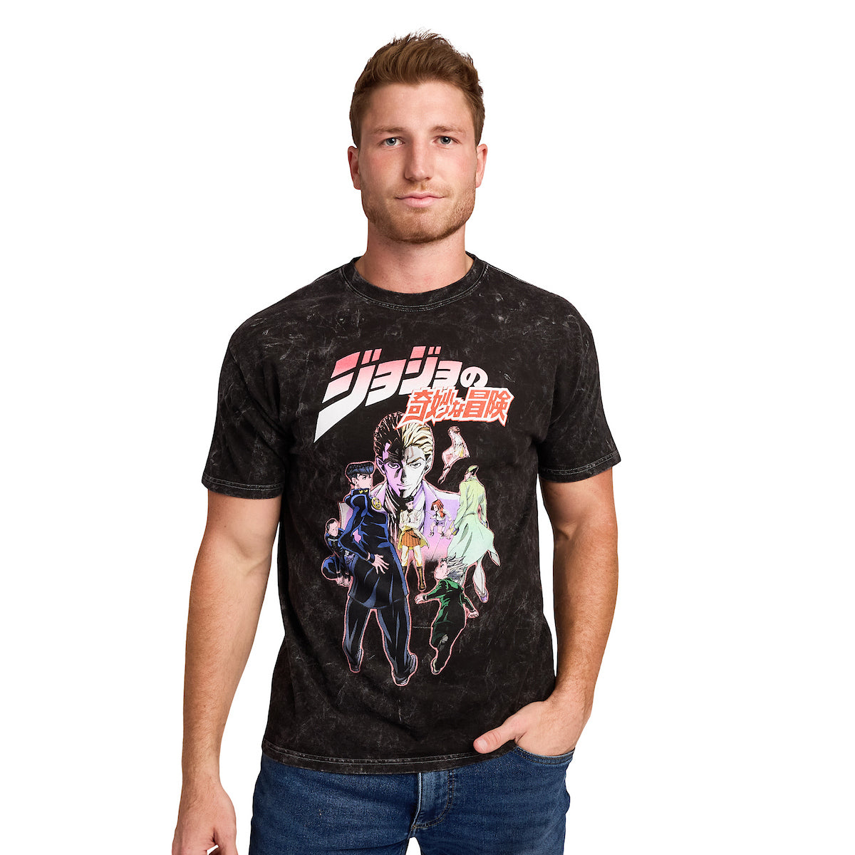 Jojo's Bizarre Adventure Group Shot Logo Text Adult Black Mineral Wash Crew Neck Short Sleeve T-shirt