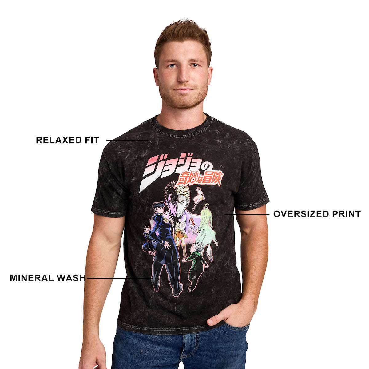 Jojo's Bizarre Adventure Group Shot Logo Text Adult Black Mineral Wash Crew Neck Short Sleeve T-shirt