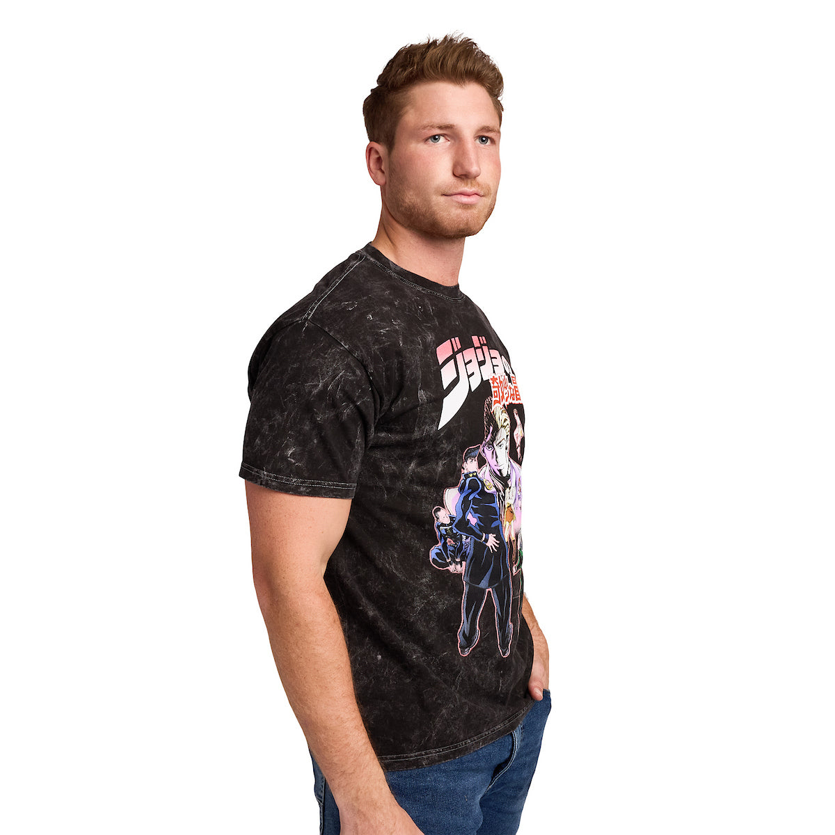 Jojo's Bizarre Adventure Group Shot Logo Text Adult Black Mineral Wash Crew Neck Short Sleeve T-shirt