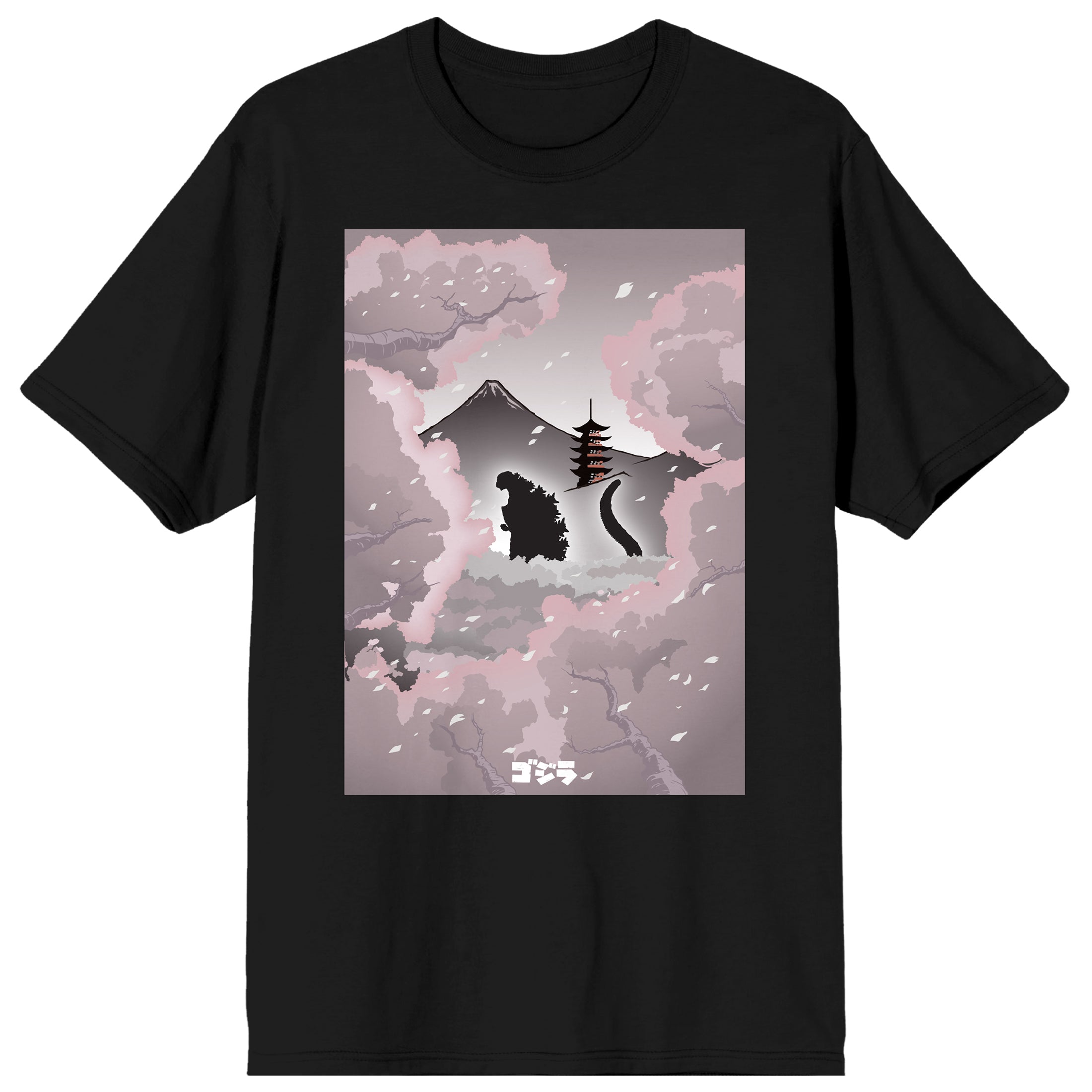 Godzilla Classic Monster Silhouette and Cherry Blossoms Across Mt. Fuji Adult Black Short Sleeve Tee