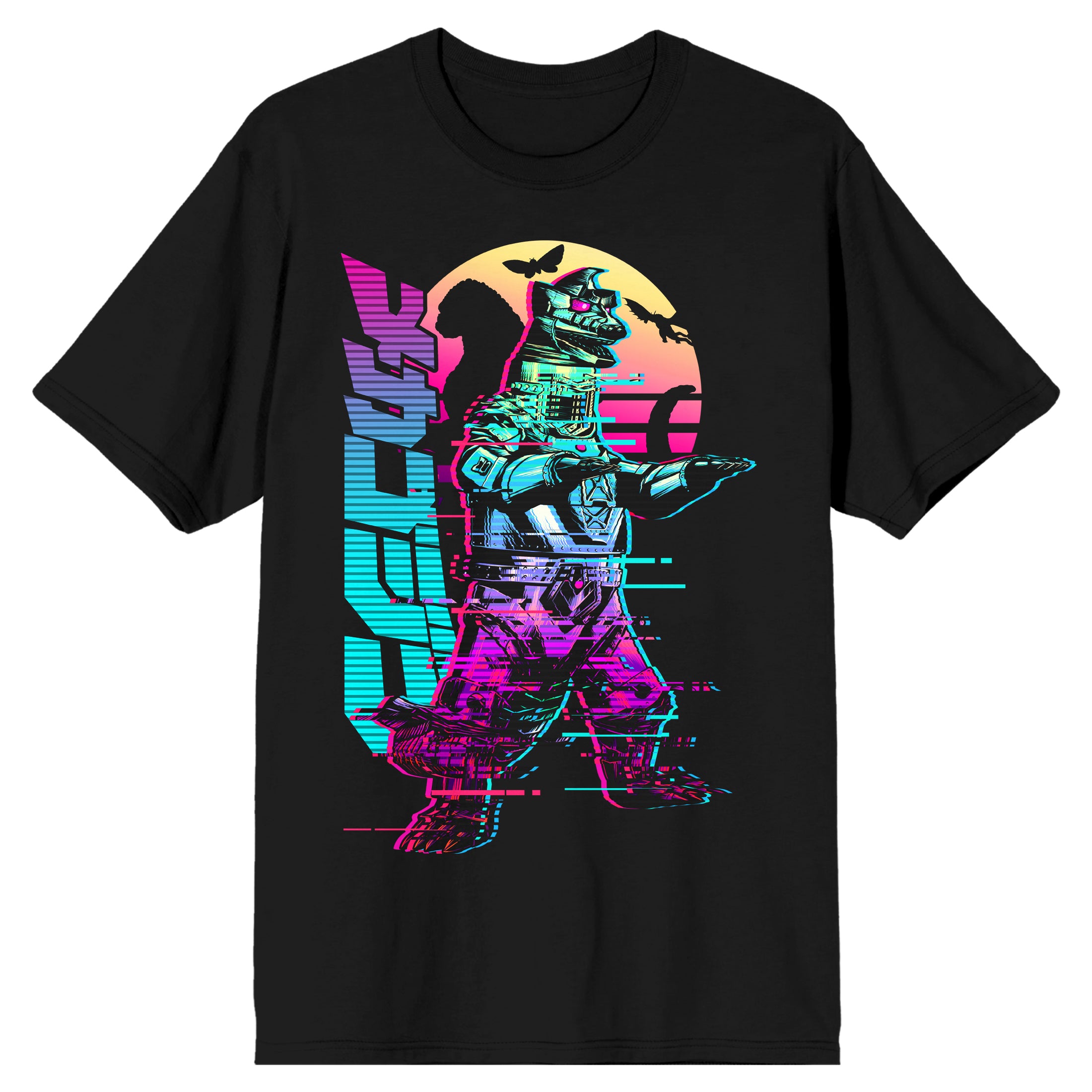 Godzilla Classic Godzilla, Japanese Characters, Colored Shadows Adult Black Short Sleeve Tee Shirt