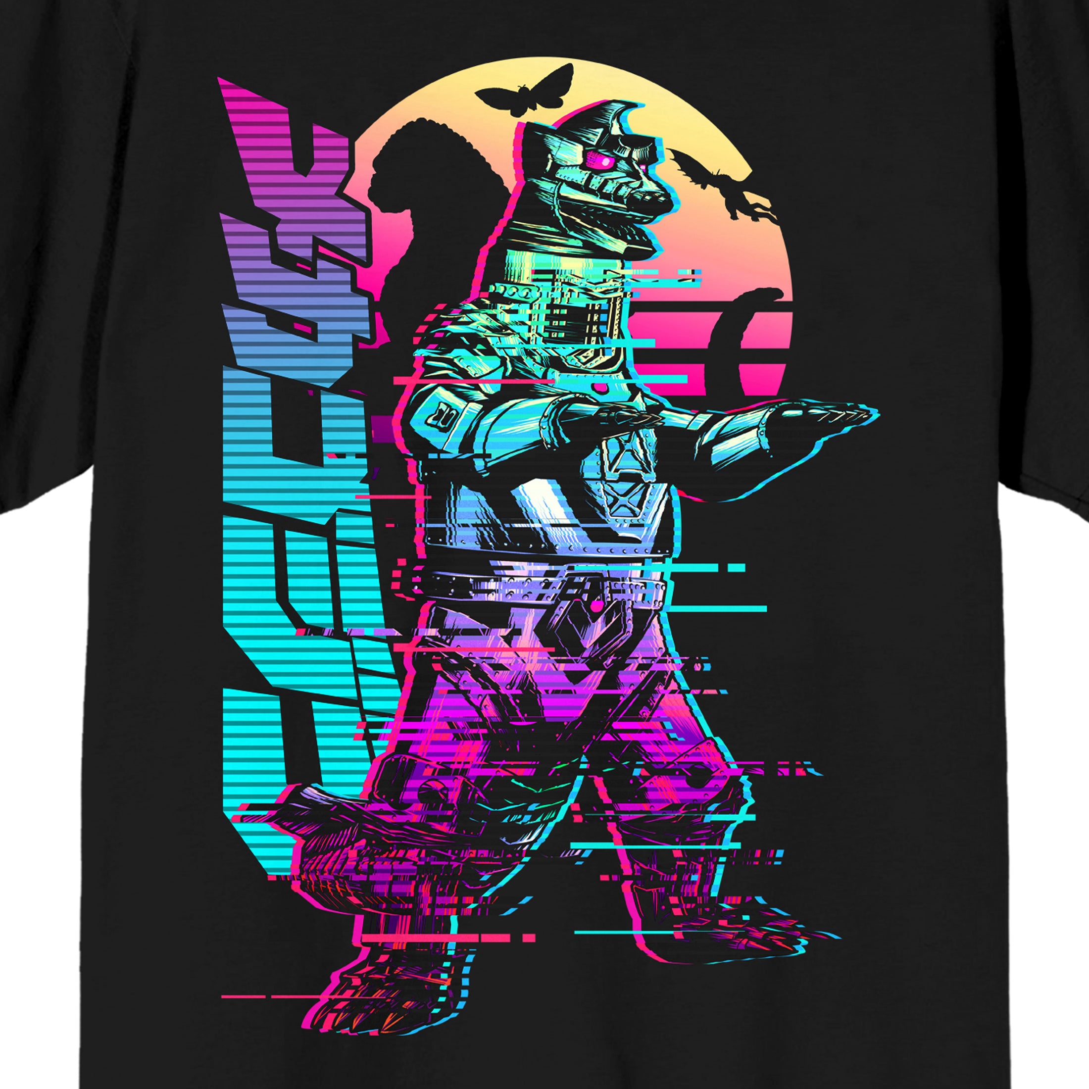 Godzilla Classic Godzilla, Japanese Characters, Colored Shadows Adult Black Short Sleeve Tee Shirt