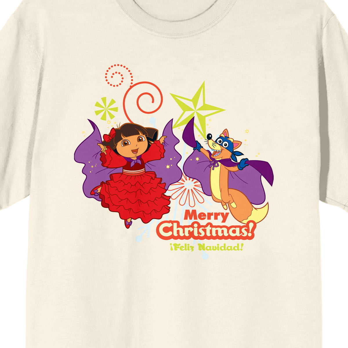 Dora The Explorer Dora & Swiper Merry Christmas Feliz Navidad Adult Natural Crew Neck Short Sleeve T-shirt