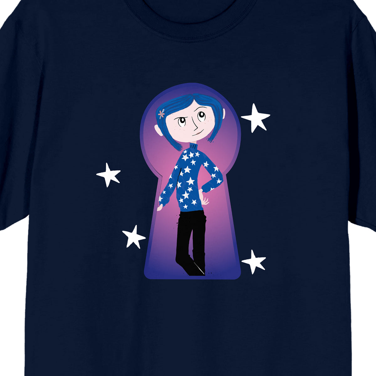 Coraline Coraline in Key Hole Frame White Stars on Navy Ground Adult Crew Neck Short Sleeve T-shirt