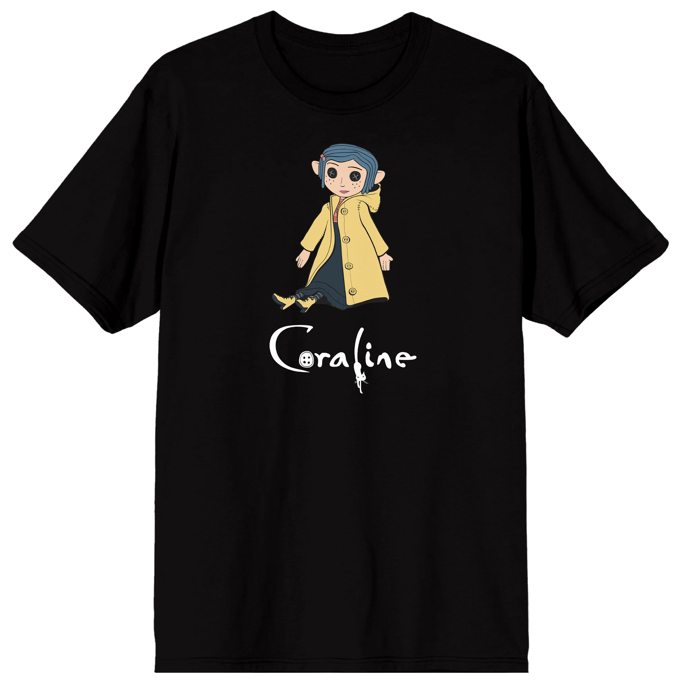 Coraline Doll Logo Adult Black Crew Neck Short Sleeve T-shirt