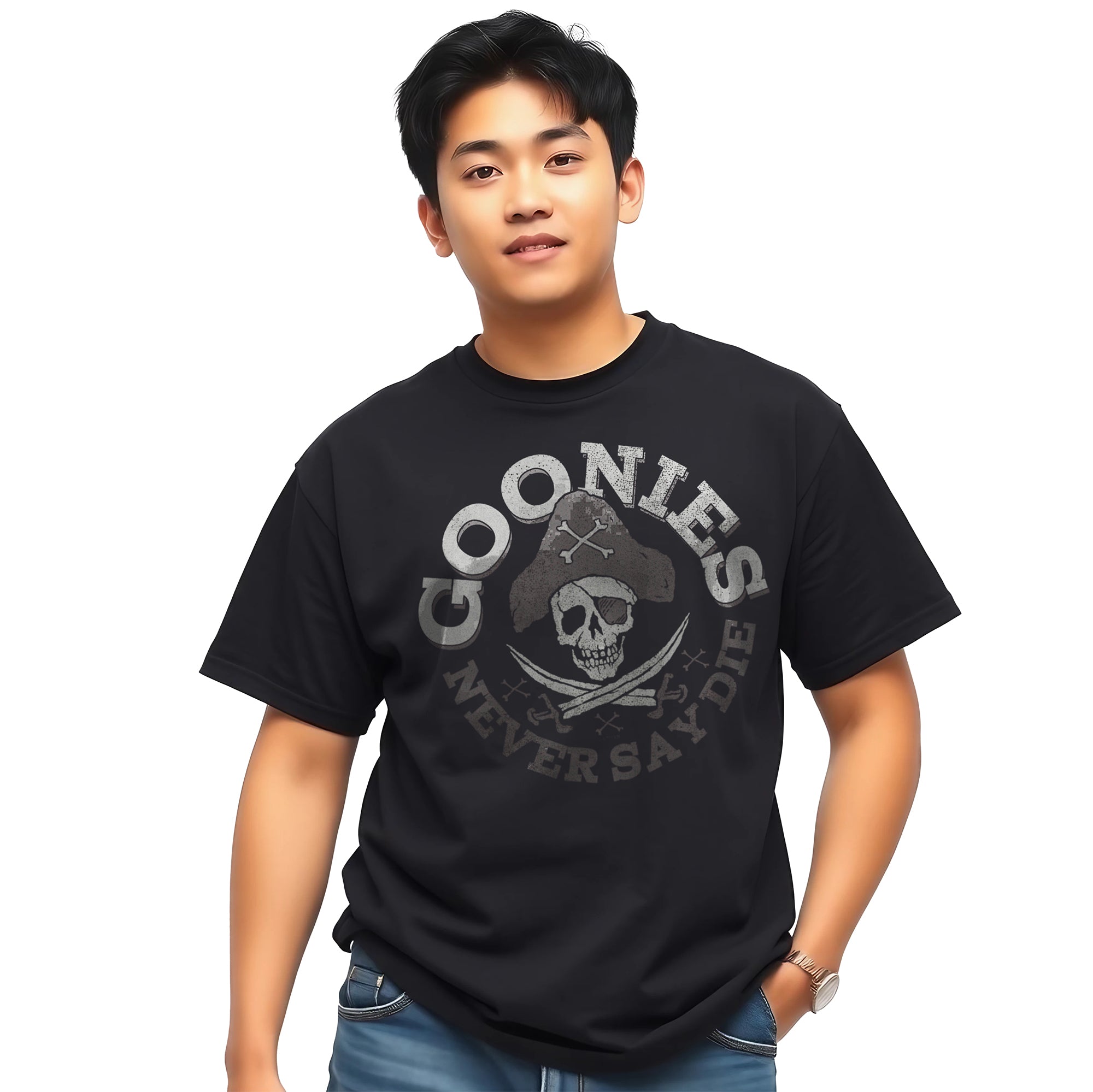 The Goonies Pirate Flag Never Say Die Adult Black Crew Neck Short Sleeve T-shirt