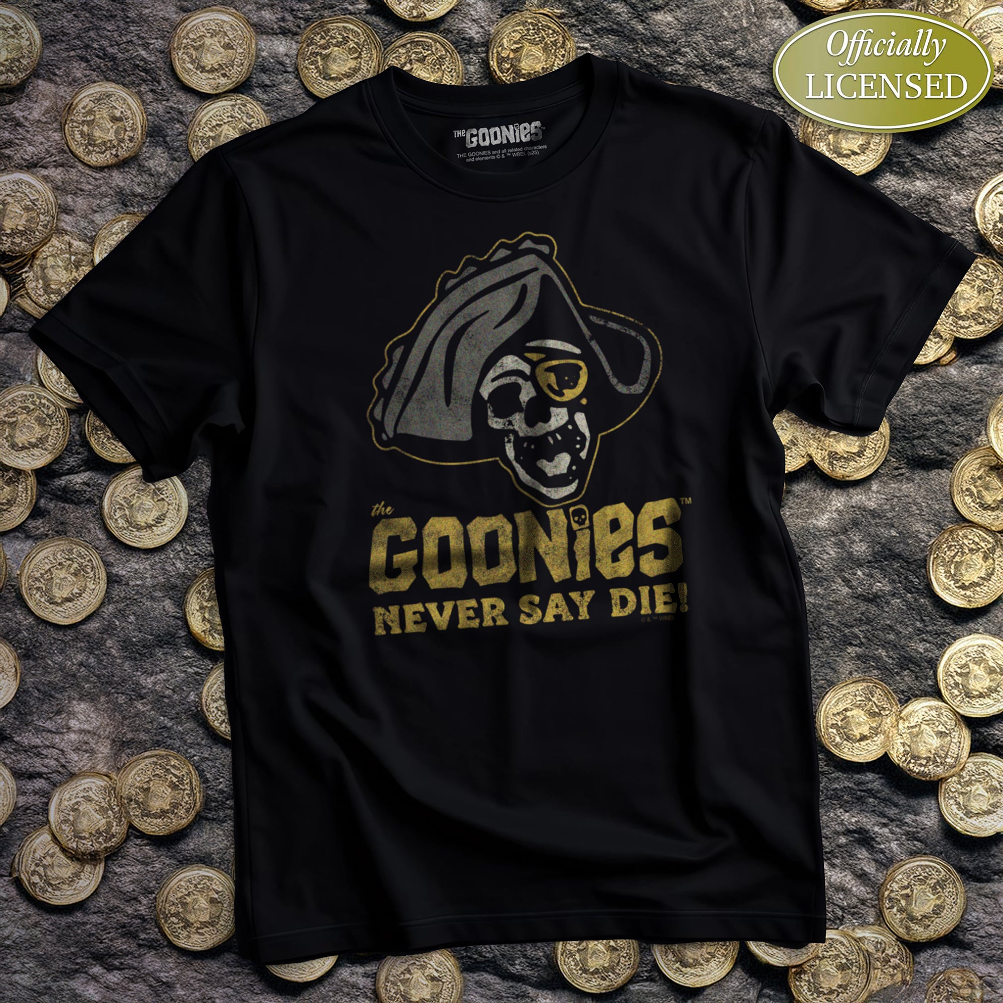 The Goonies One-Eyed Willy Never Say Die Adult Black Crew Neck Short Sleeve T-shirt