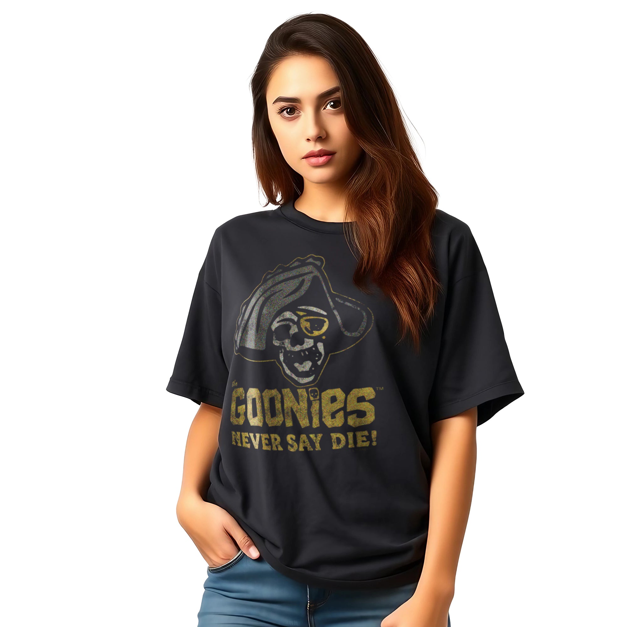 The Goonies One-Eyed Willy Never Say Die Adult Black Crew Neck Short Sleeve T-shirt