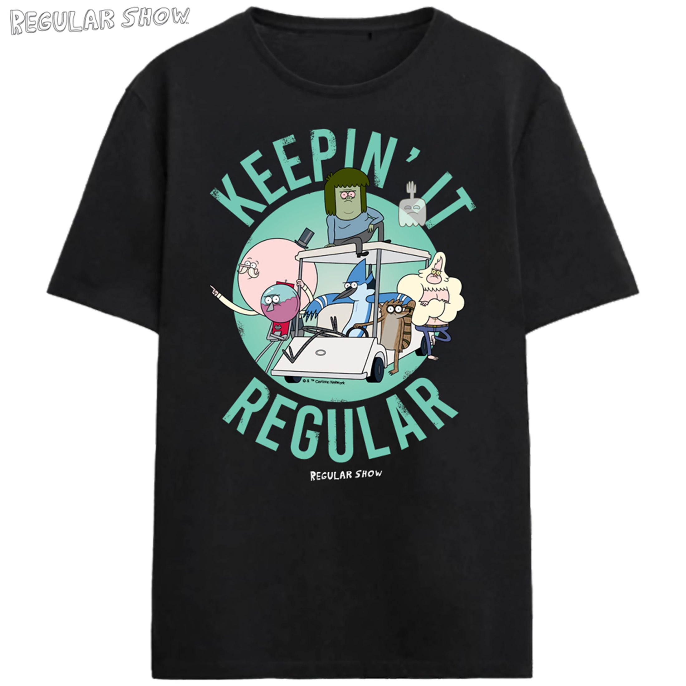 Regular Show Keepin It Regular Golf Cart Crew on Black Adult Crew Neck Short Sleeve T-shirt