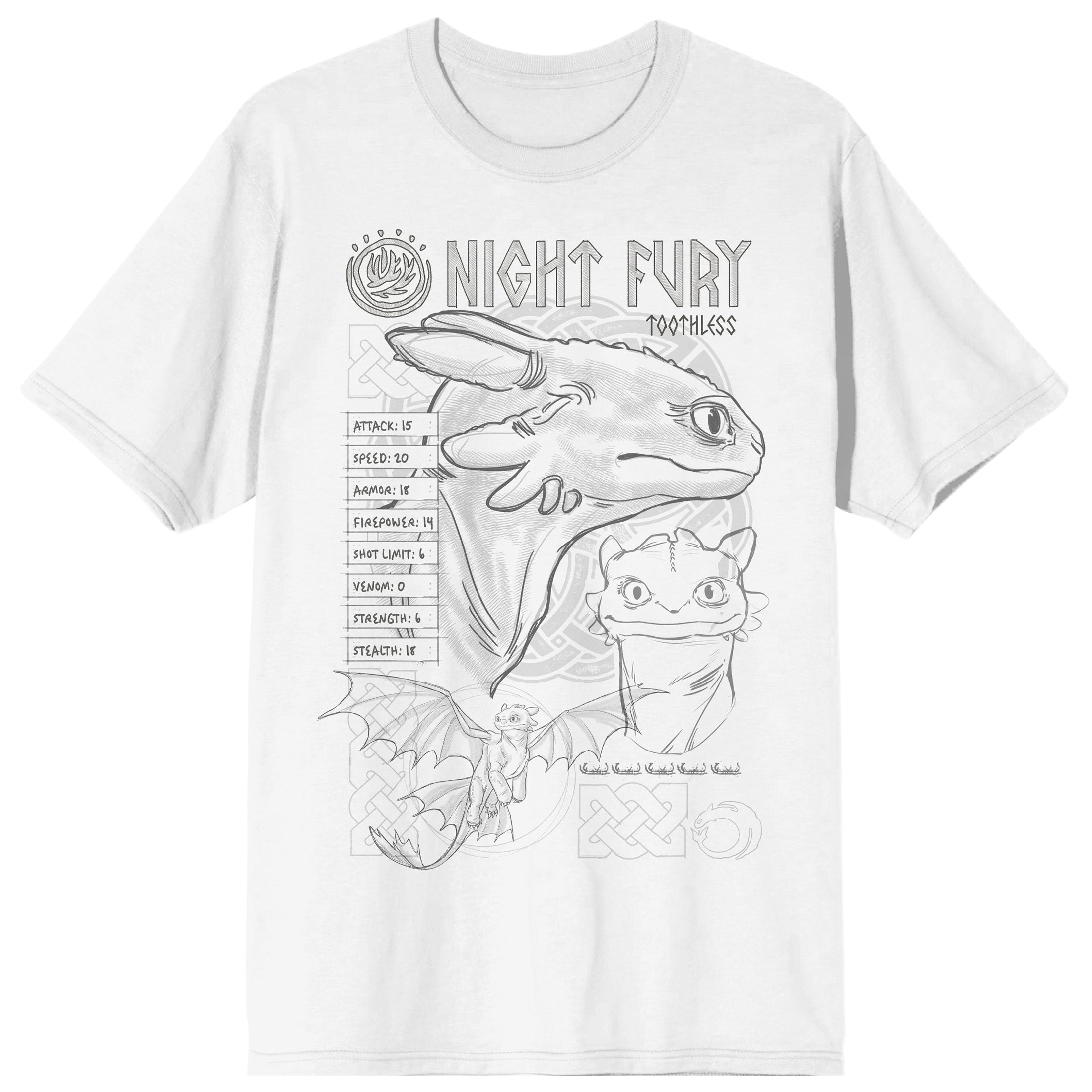 How To Train Your Dragon Night Fury Toothless Line Art Adult White Crew Neck Short Sleeve T-shirt