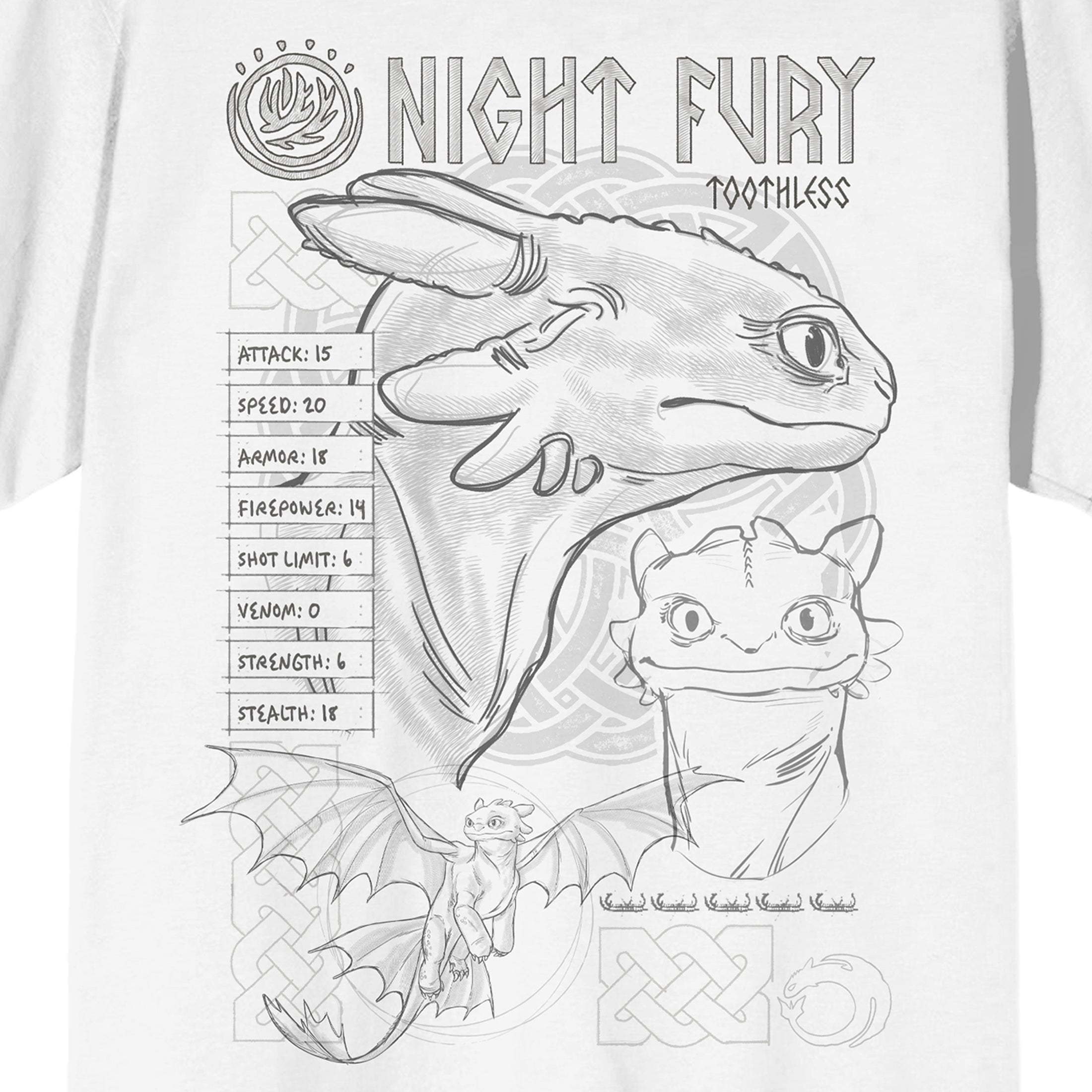 How To Train Your Dragon Night Fury Toothless Line Art Adult White Crew Neck Short Sleeve T-shirt