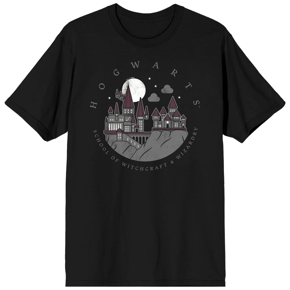 Harry Potter Hogwarts Nighttime Illustration Adult Black Crew Neck Short Sleeve T-shirt