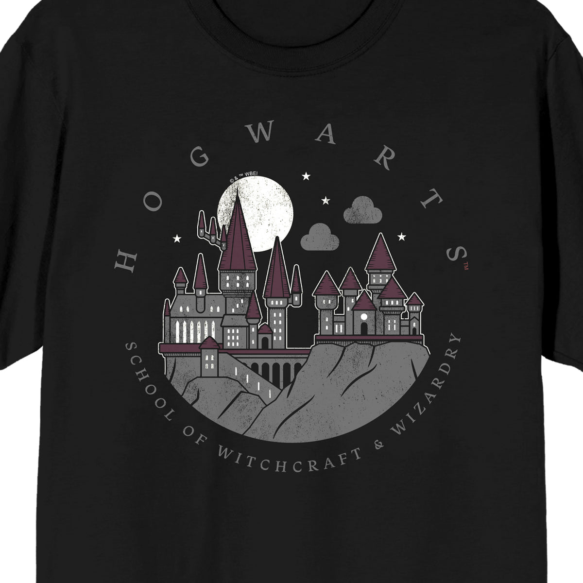 Harry Potter Hogwarts Nighttime Illustration Adult Black Crew Neck Short Sleeve T-shirt