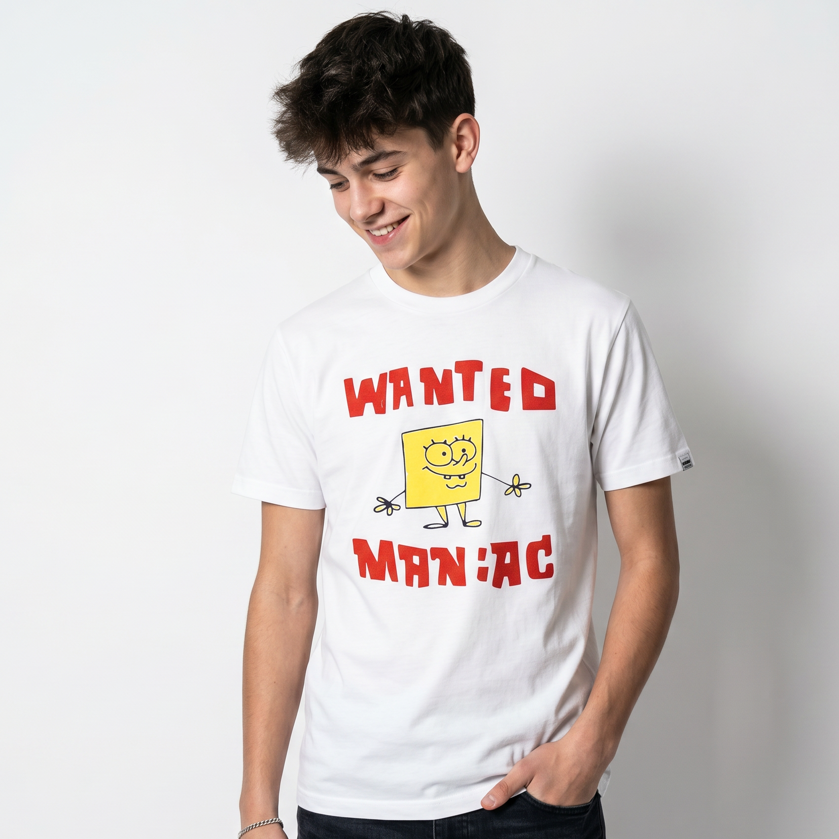 Spongebob Squarepants Wanted Maniac on White Short Sleeve Adult T-Shirt