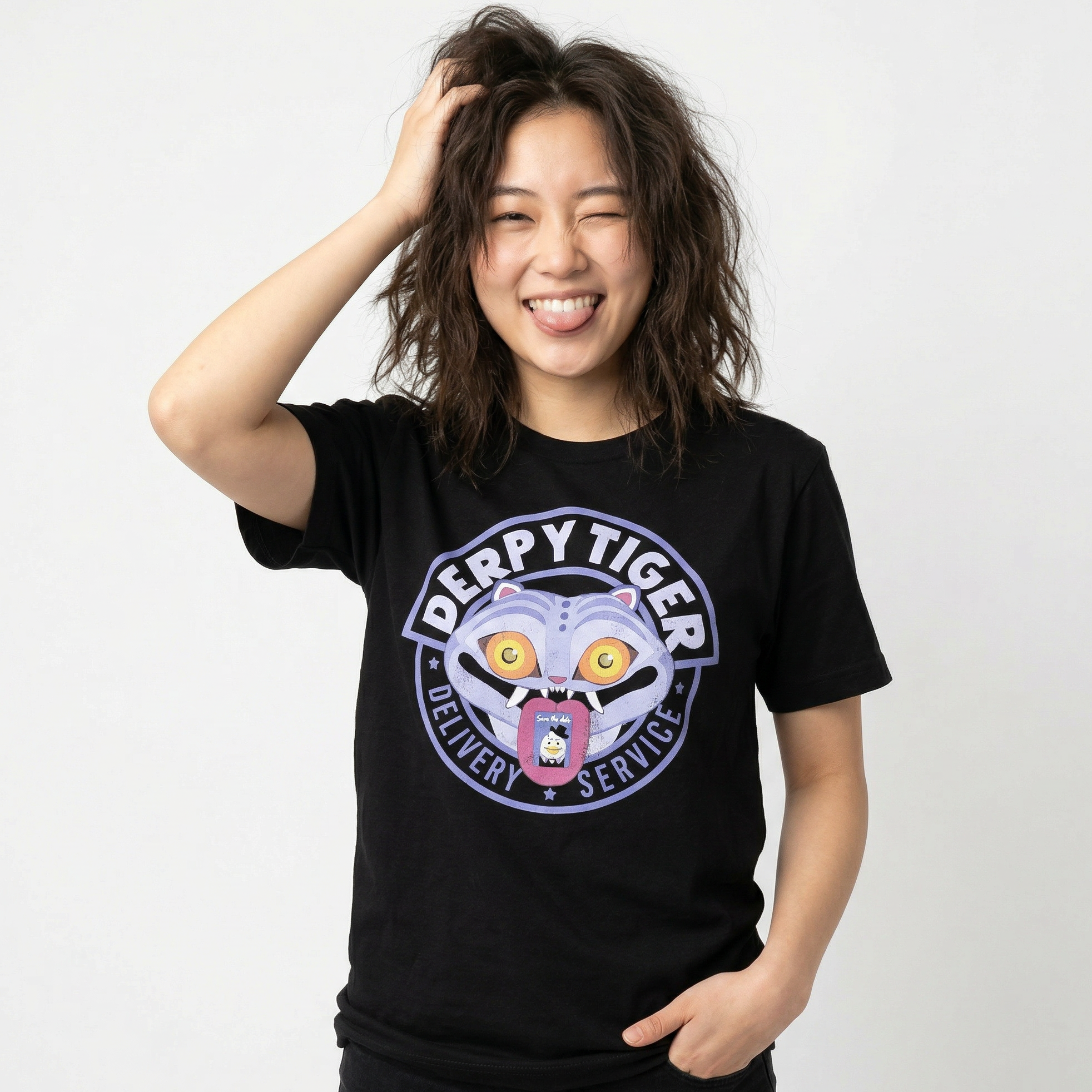 KPop Demon Hunters Derpy Tiger Delivery Service Adult Black Crew Neck Short Sleeve T-shirt