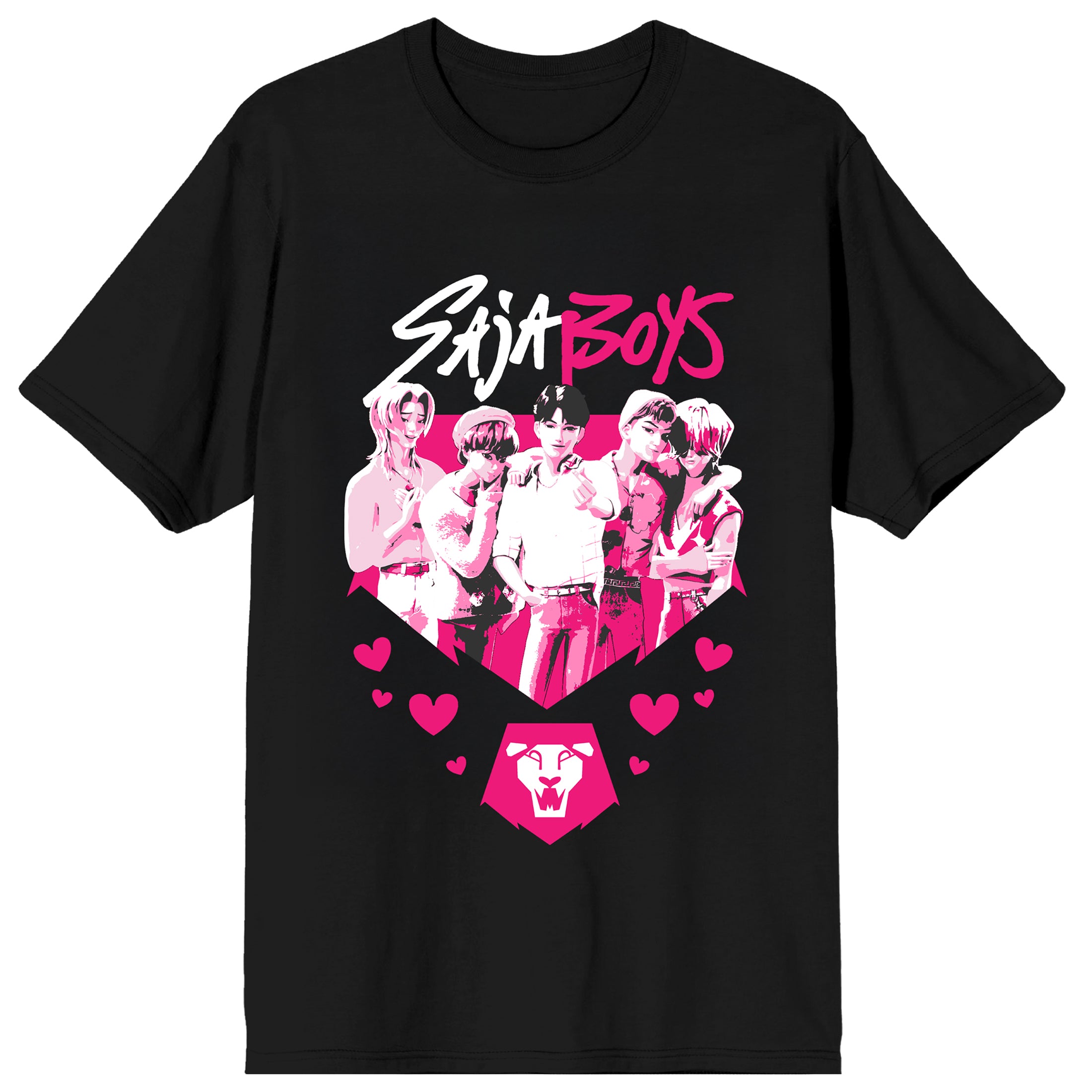 KPop Demon Hunters Saja Boys Pink and White on Black Short Sleeve Adult T Shirt