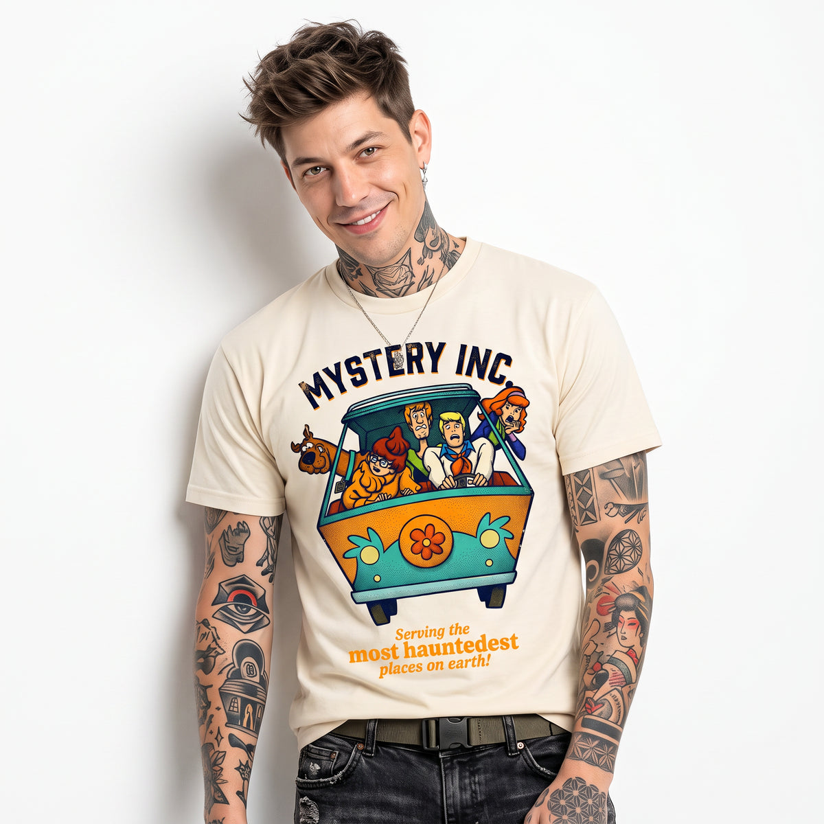 Scooby Doo Mystery Inc Haunted Places Graphic Tee for Adults