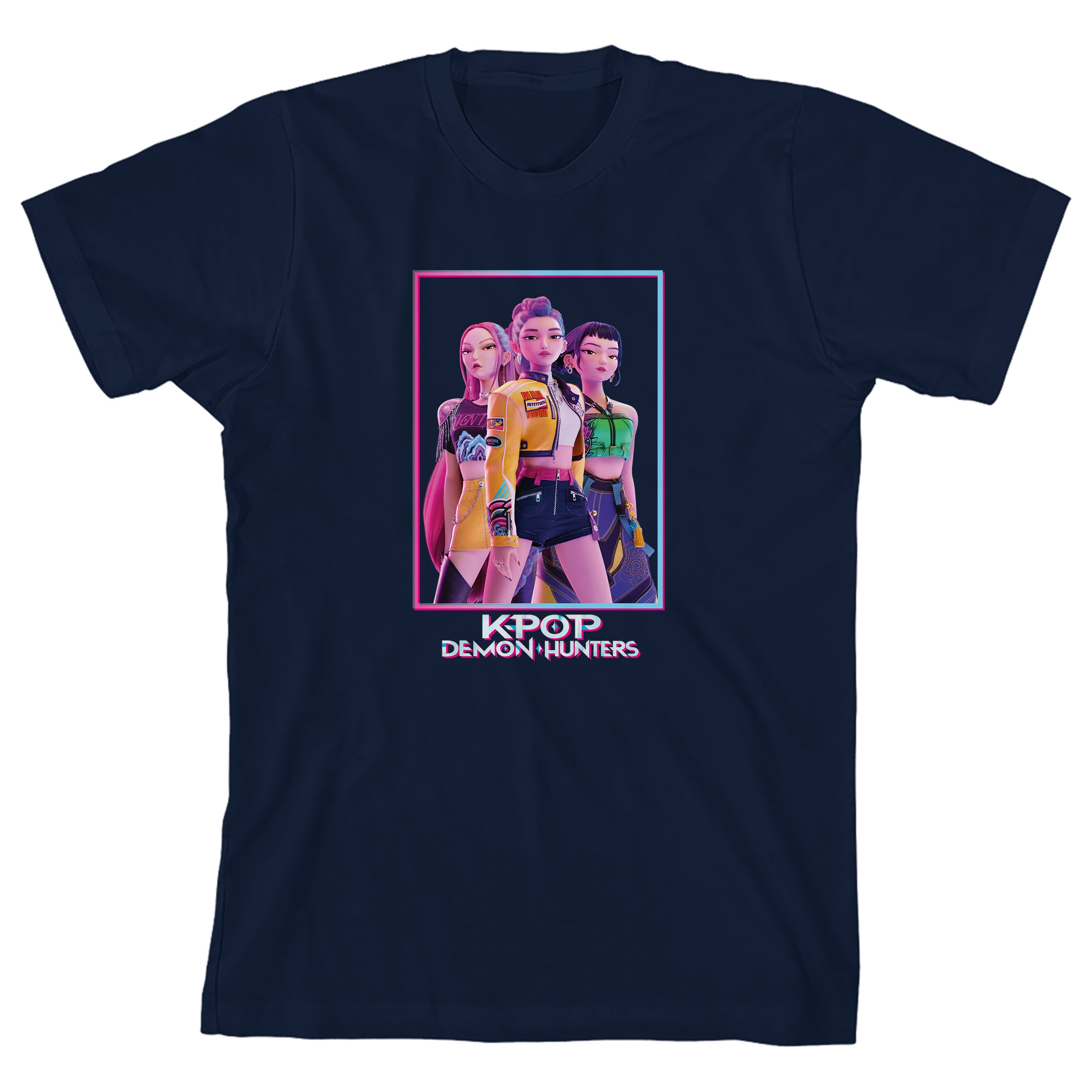 KPop Demon Hunters Box Art Huntrix Youth Navy Crew Neck Short Sleeve T-shirt