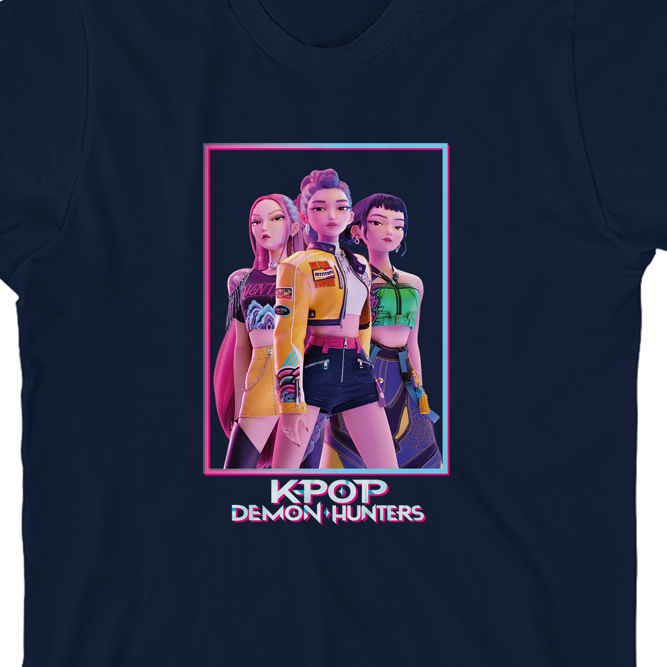 KPop Demon Hunters Box Art Huntrix Youth Navy Crew Neck Short Sleeve T-shirt