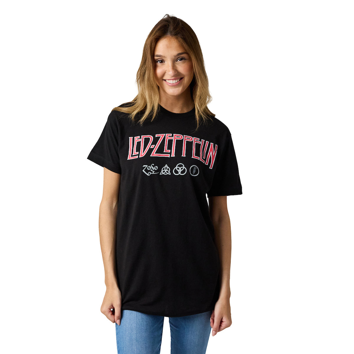Led Zeppelin Distressed Logo With Symbols Crew Neck Short Sleeve Black Adult T-shirt