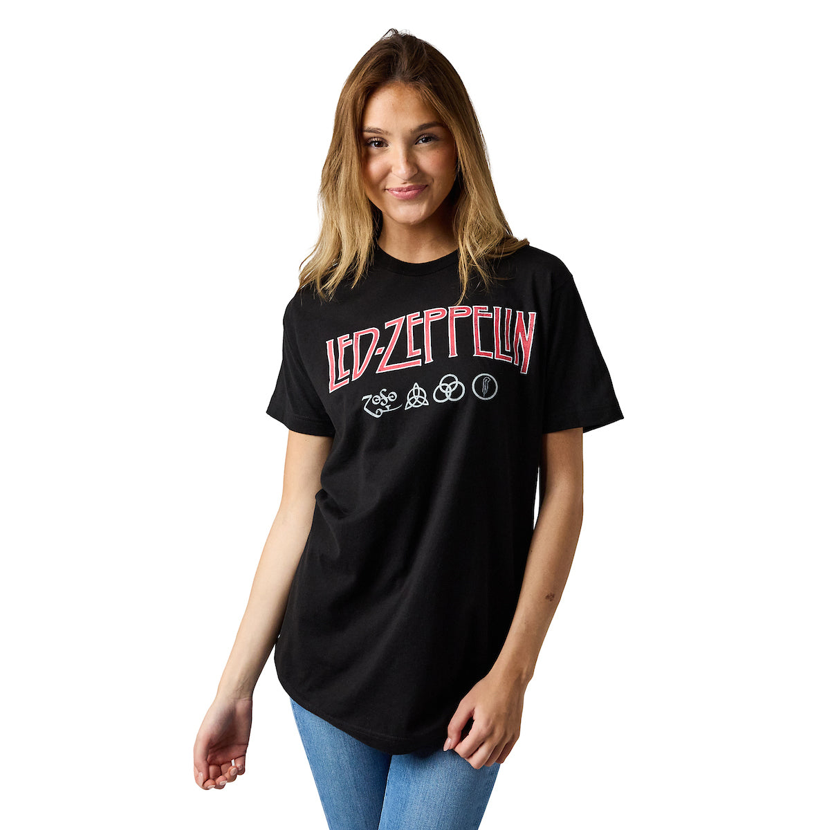 Led Zeppelin Distressed Logo With Symbols Crew Neck Short Sleeve Black Adult T-shirt