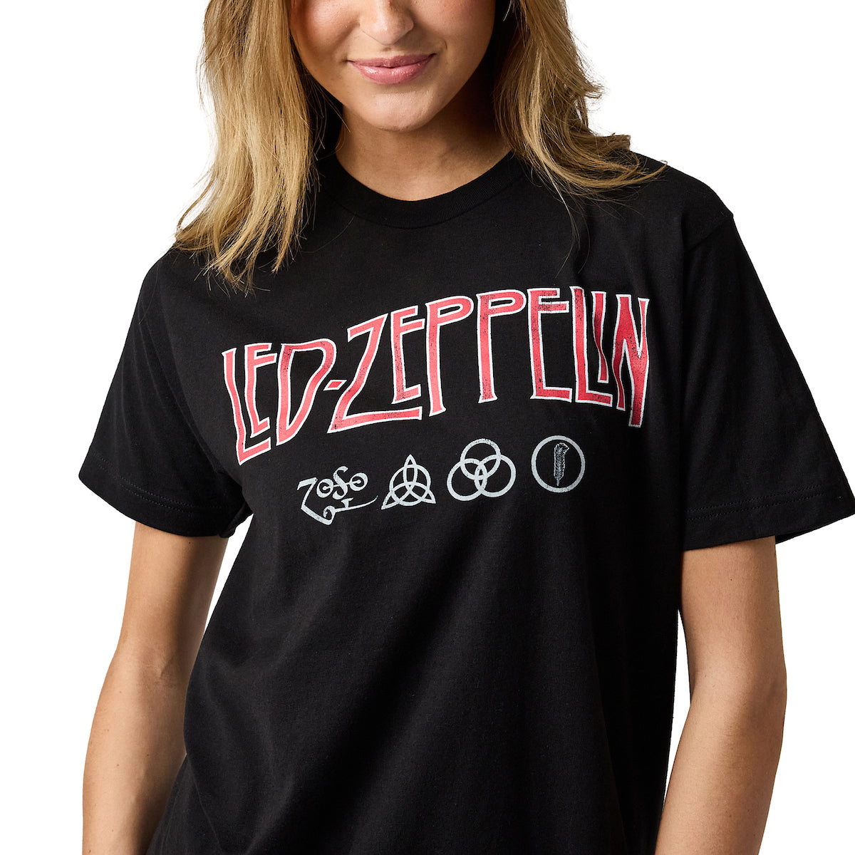 Led Zeppelin Distressed Logo With Symbols Crew Neck Short Sleeve Black Adult T-shirt