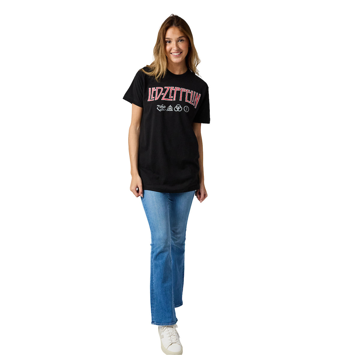 Led Zeppelin Distressed Logo With Symbols Crew Neck Short Sleeve Black Adult T-shirt