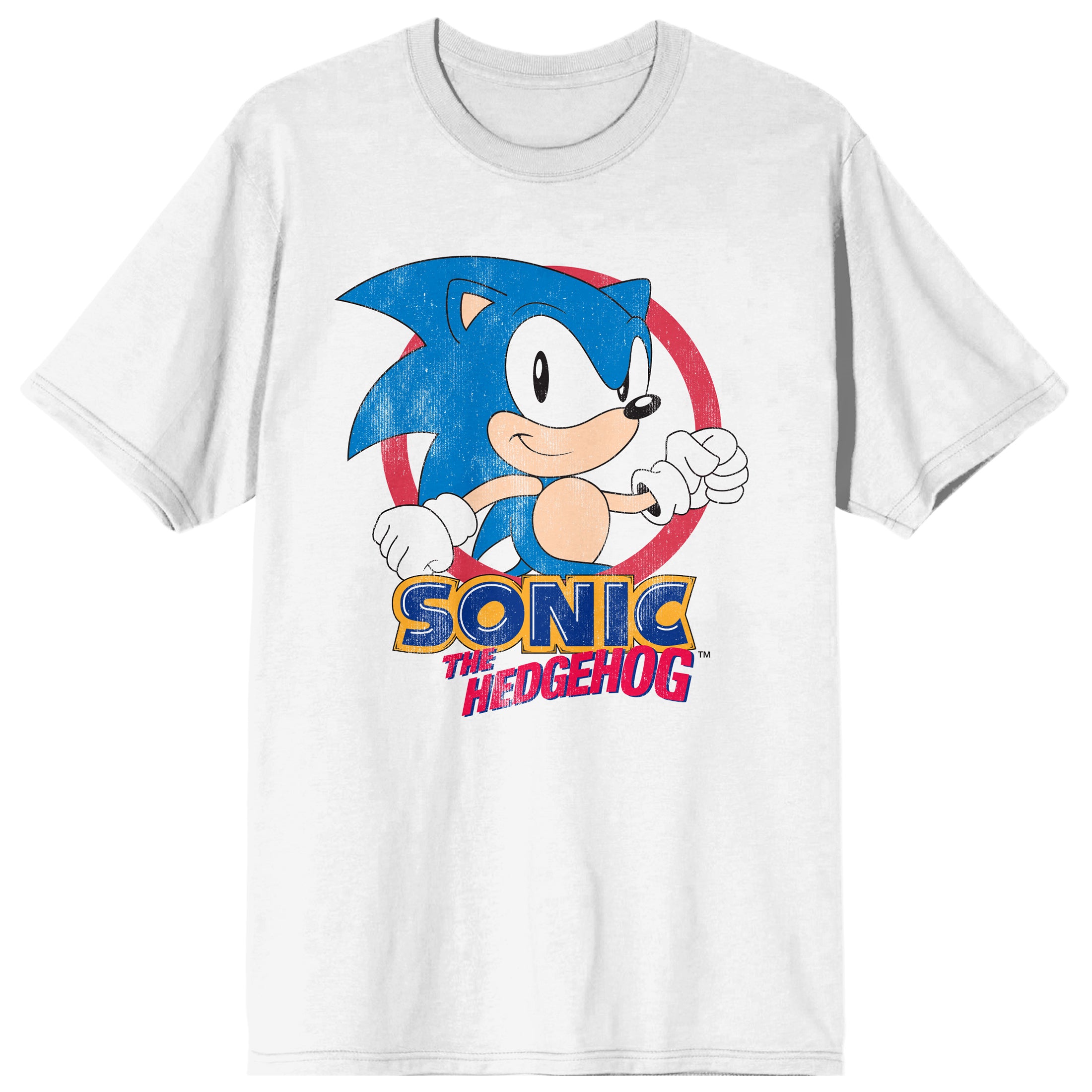 Sonic the Hedgehog Distressed Character In Red Circle Crew Neck Short Sleeve Women's White T-shirt