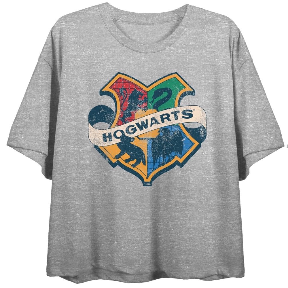 Harry Potter Hogwarts Houses School Crest Women's Heather Grey Crop Top