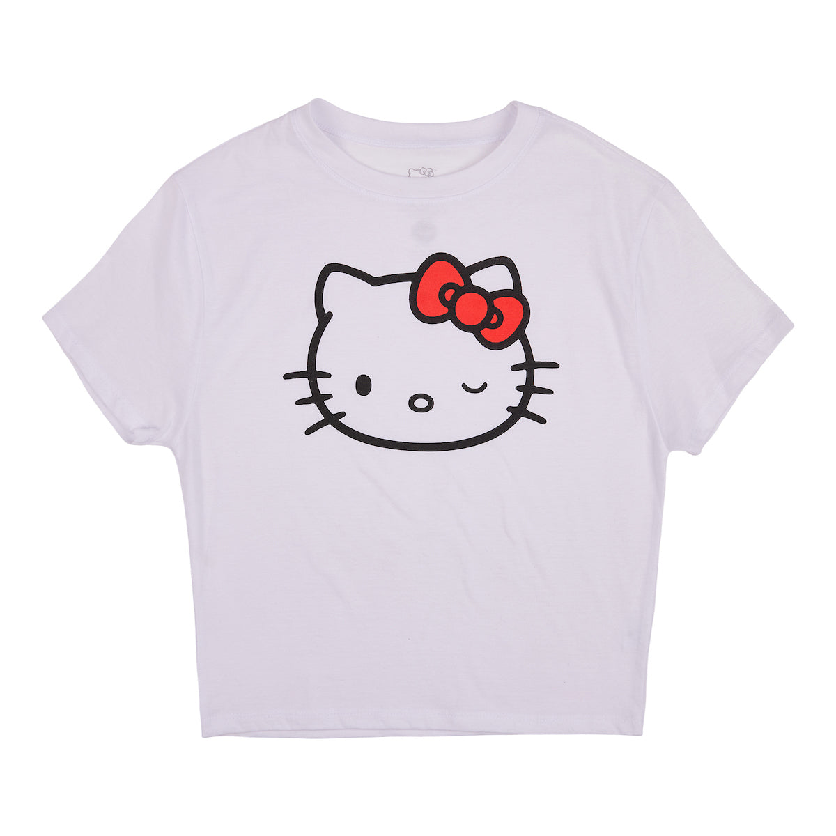Hello Kitty Face Outline Crew Neck Short Sleeve Women's White Super Crop Baby Tee