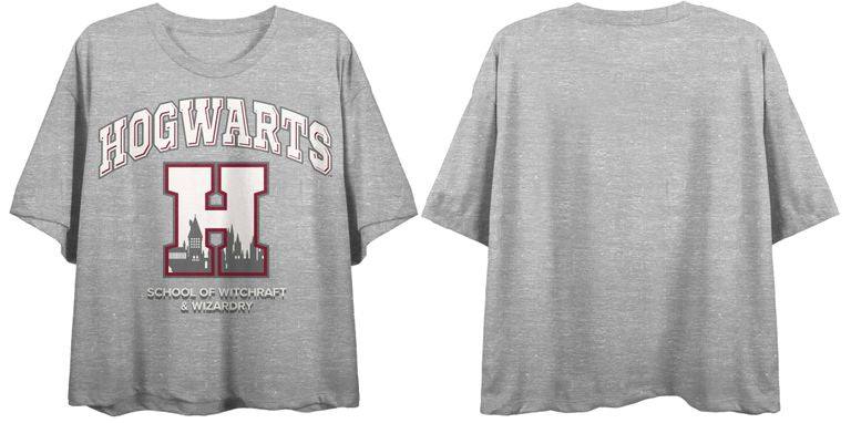 Harry Potter Hogwarts School of Witchcraft and Wizardry Women's Heather Gray Crop Tee