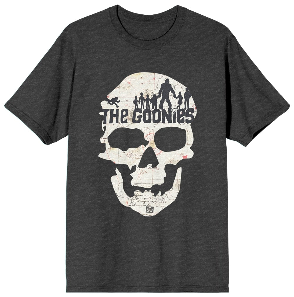 The Goonies Skull Art With Title Logo Women's Charcoal Gray Heather Graphic Tee