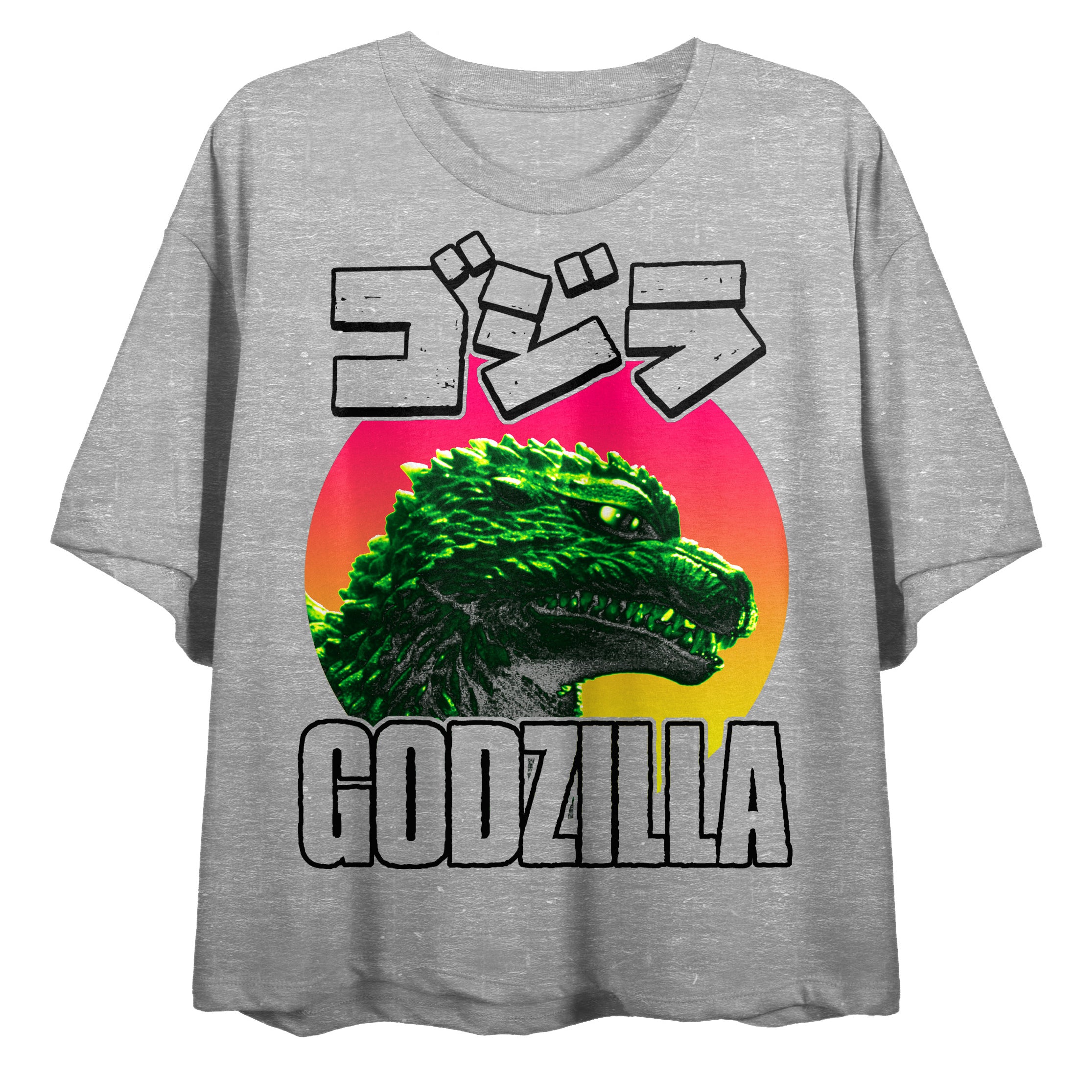 Godzilla Character Head Crew Neck Short Sleeve Heather Gray Women's Crop Top
