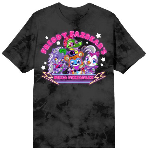 Five Nights At Freddy's Mega PizzaPlex Chibi Group Shot Women's Black Mineral Wash Crew Neck Short Sleeve T-shirt