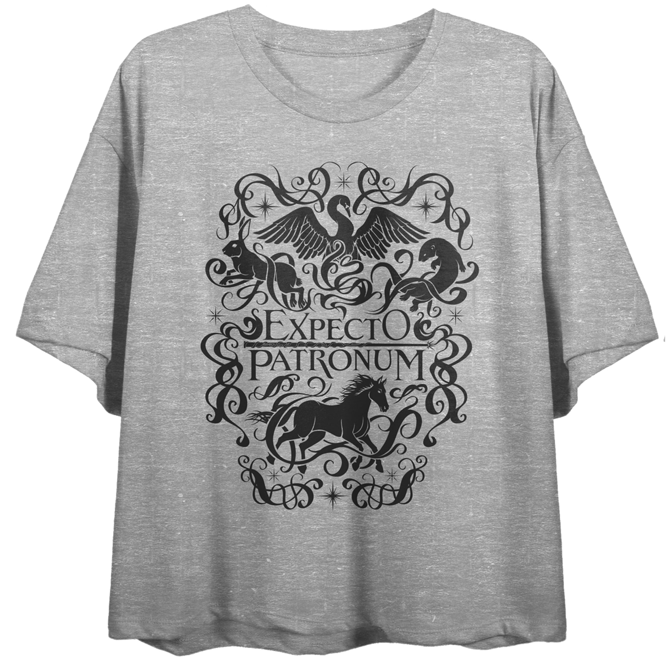 Harry Potter Expecto Patronum Women's Heather Gray Short Sleeve Crew Neck Crop Tee