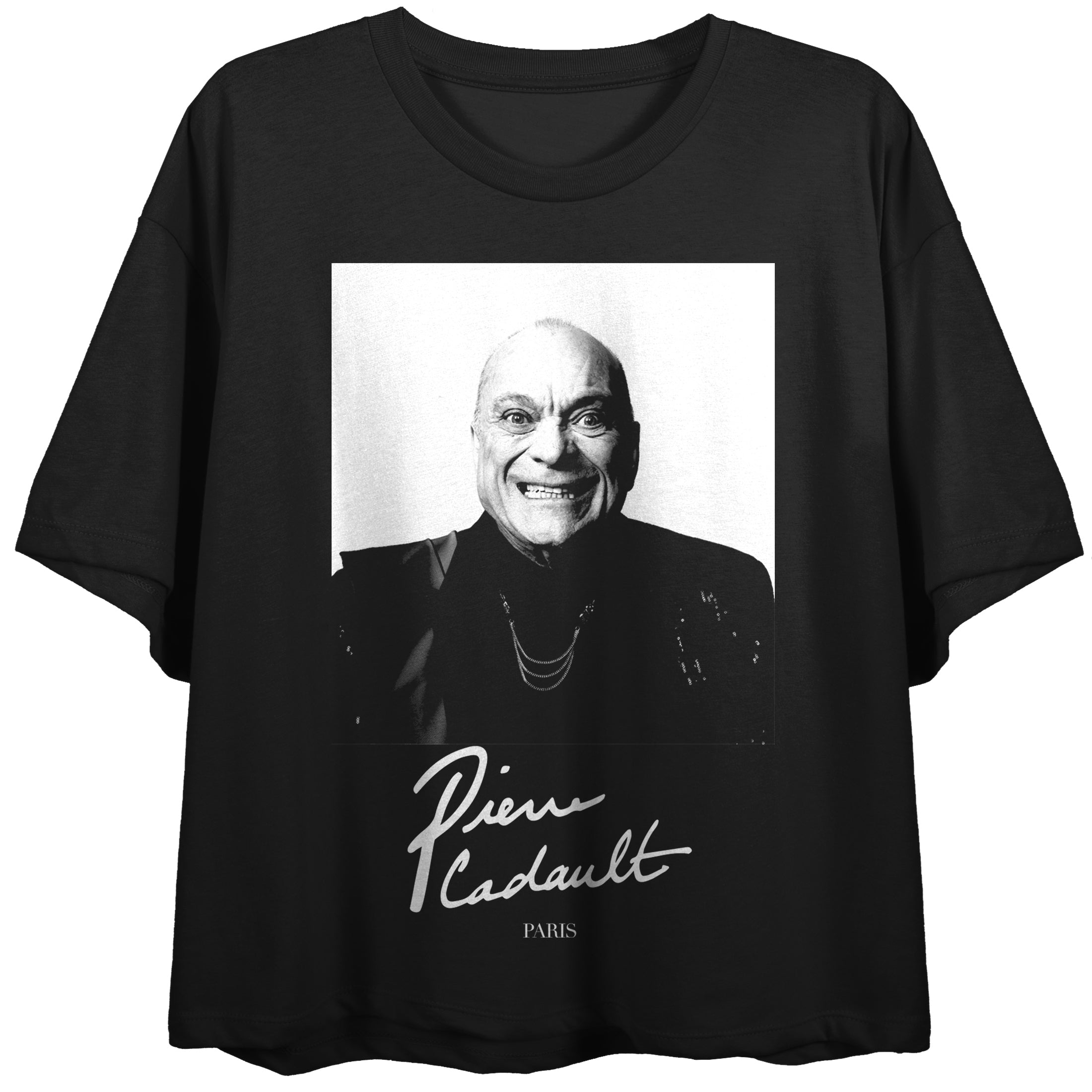 Emily in Paris Pierre Cadeault B&W Women's Black Short Sleeve Crew Neck Crop Tee