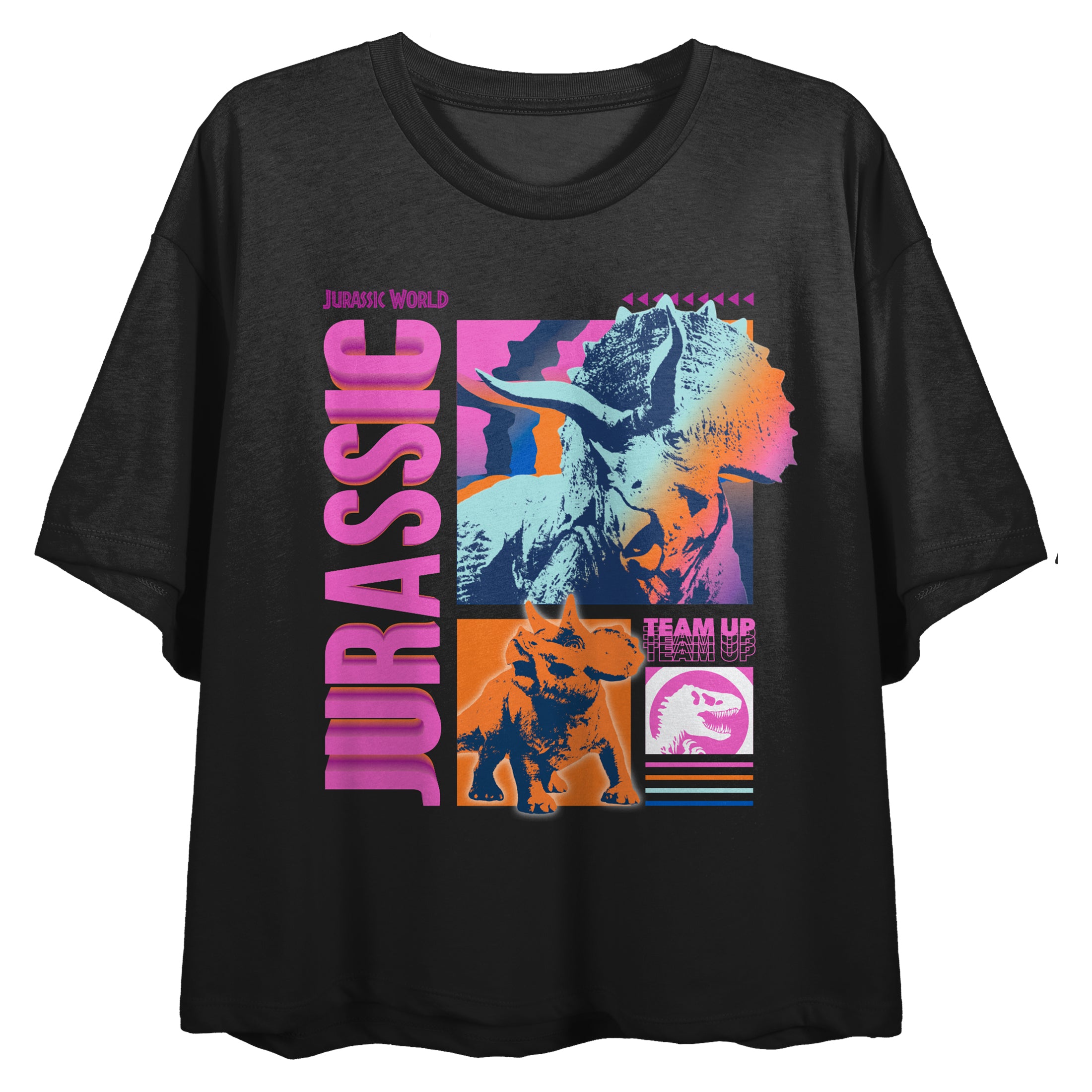 Jurassic World Neon Gamescape Crew Neck Short Sleeve Women's Black Crop Top