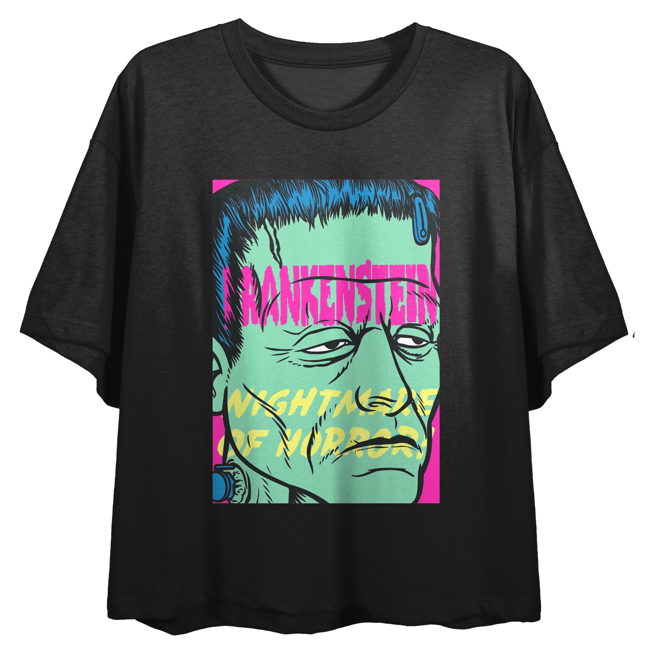 Universal Monsters Frankenstein Nightmare Of Horror Crew Neck Short Sleeve Women's Black Crop Top
