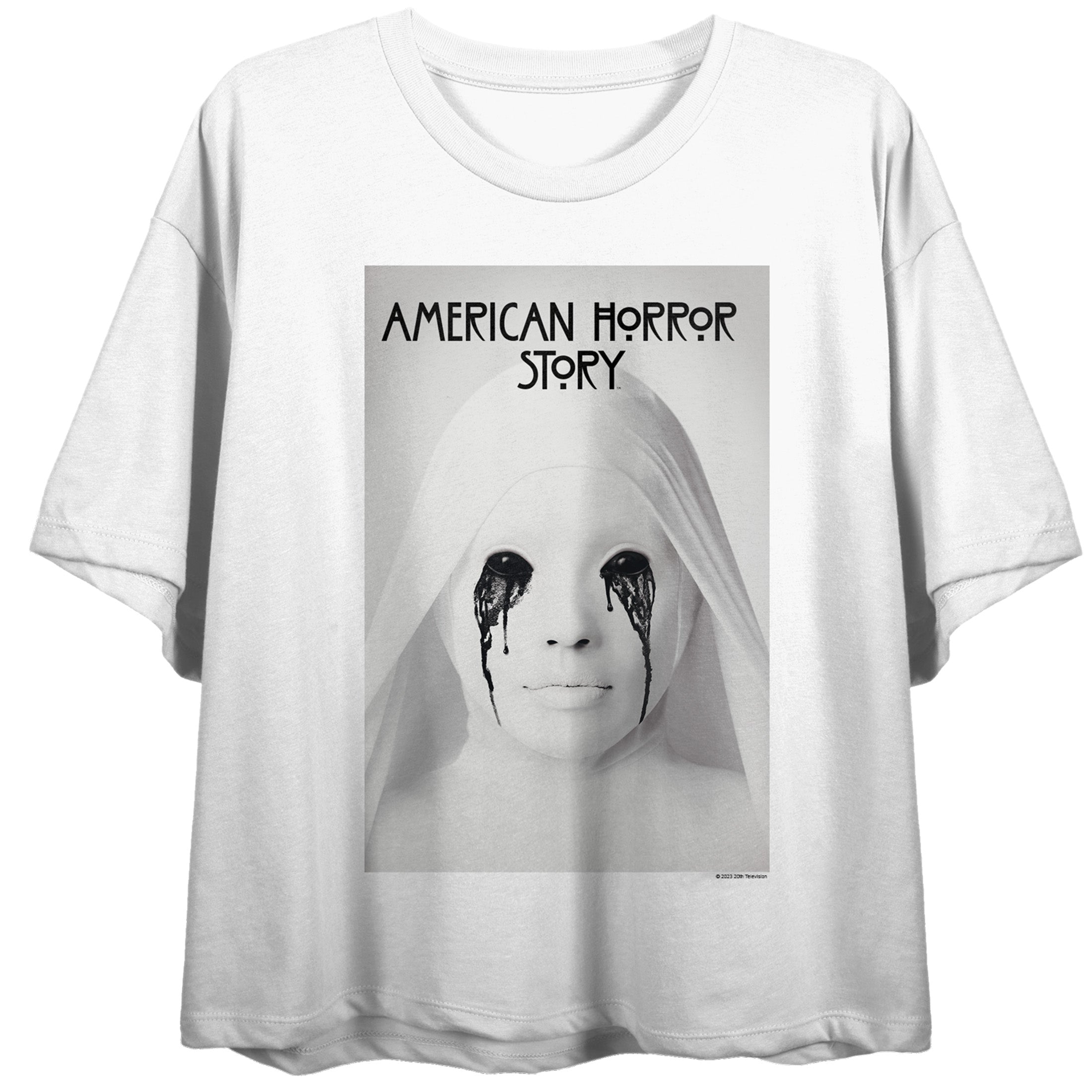 American Horror Story Face With Melting Eyes Crew Neck Short Sleeve Women's White Crop Top